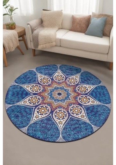 Desenli Şönil Pamuk Tabanlı Yıkanabilir Kaymaz Antibakteriyel Yuvarlak Salon Halısı 160x160 Çok Renkli