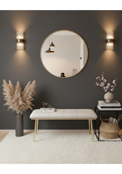 Özcan Metal Gold Metal Ayaklı Metal Kasalı Bench Mutfak Salon Antre Yatak Odası Balkon Puf Bank Krem