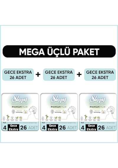 Sleepy Bio Natural Premium Plus Hijyenik Ped Gece Extra 3 x 26'lı