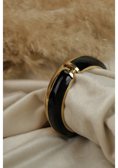 Çildan Womens Black Gold Özel Tasarım Kalın Kelepçe Bileklik Altın