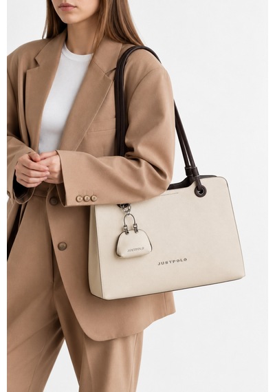 Just Polo Kadın Yeni Sezon Büyük Boy Aksesuar Detaylı Günlük Şık Kol Çantası Shopper Krem - Kahverengi