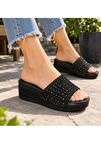 N Napa Shoe Snp-990- Siyah Taş Detaylı Dolgu Topuk Kadın Terlik