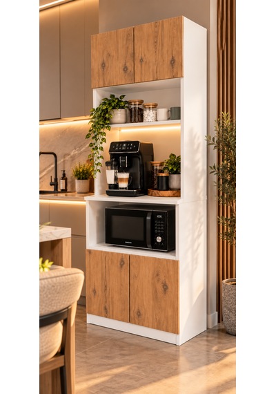 Kahve Köşesi Dolabı Modern Led Aydınlatmalı Raflı Mutfak Rafı Dolabı Beyaz