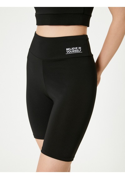 Koton Spor Biker Tayt Yüksek Bel Baskılı Slim Fit İnterlok Siyah 5wak40144nk