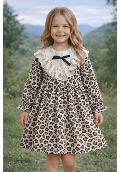 Kız Bebek Çocuk Dantel Detaylı Leopar Desen Astarlı Keten Doğum Günü , Düğün , Bayramlık Elbise Leopar