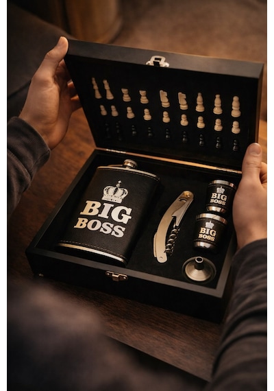 Ahşap Kutuda Big Boss Çelik Matara - Çakı - Satranç Takımı - Deri Kaplamalı Matara Seti - Lüx Metalik