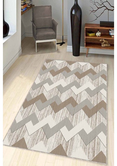 Bej Zigzag Kaymaz Tabanlı Makinede Yıkanabilir Halı Kn007n11