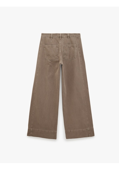Koton Pileli Pamuklu Normal Bel Cep Detaylı Geniş Paça Pantolon - Wide Leg Jeans Açık Kahverengi 7wal40017mw