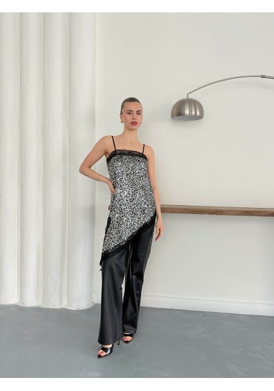 Verymoda Dantel Detaylı Askılı Pullu Asimetrik Tunik - D2934 Gümüş