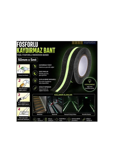 Fosforlu Kaydırmaz Merdiven Bandı 50mm X 5mt Yeşil Fotolümenli Gece Parlayan Kaymaz Bant