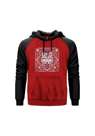 Geometrik Çerçeveli Kurt Başı Baskılı Gri Renk Reglan Kol Sweatshirt Kapşonlu