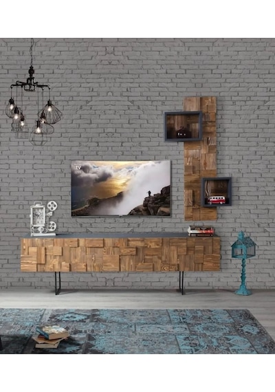 Puzzle 2 Parçalı Tv Ünitesi Doğal Ladin Ahşap