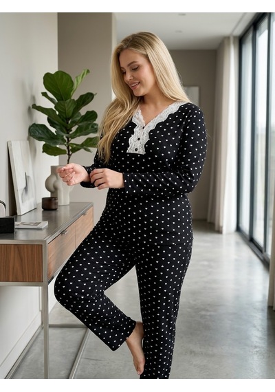 Kadın Büyük Beden Uzun Kollu Desenli Dantel Detaylı Kaşkorse Kumaş Pijama Takımı Siyah Beyaz