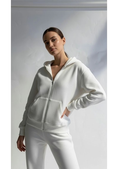 Kazax 3 İplik Şardonlu Kapşonlu Hoodie Frm Beyaz P510437 Beyaz