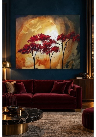 Fida Altın Işıkta Kırmızı Yapraklı Ağaçlar Canvas Tablo Çok Renkli