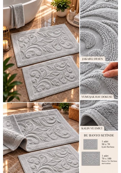Bambu Jakar Desenli 2'li Banyo Seti Yumuşacık Tuşe Premium Dokuma %100 Bambu Gri - 945189930 Gri
