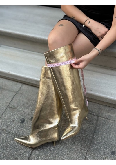 Erva'nın Butiği Gold Cilt Veray Xl Oversize Kalın Baldır 5 Cm Mini Topuk Çizme-6398