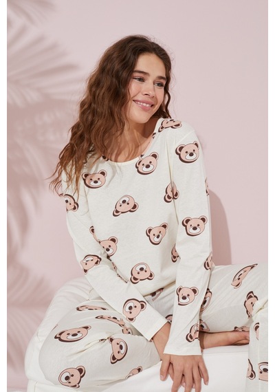 Siyah İnci Örme Pijama Takım 7781 Krem Ayıcık