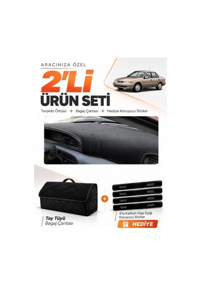 Kia Sephia 1995-1998 Uyumlu Torpido Örtüsü + Tay Tüyü Bagaj Çantası + Sticker Seti - Siyah