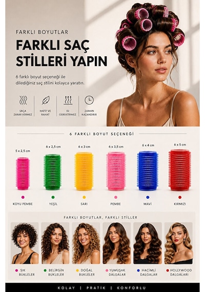 Profesyonel Cırtlı Bigudi 30 Mm 3 Cm 12'li Set - Yapışkanlı Saç Bigudisi Sarı Orta Boy
