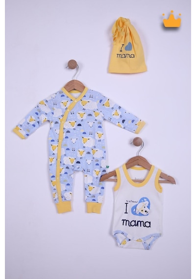 Babyhola Bebek Çıtçıtlı Badi Tulum Bere 3'lü Takım %100 Pamuk Annemi Seviyorum Yazılı 587-8 Mavi