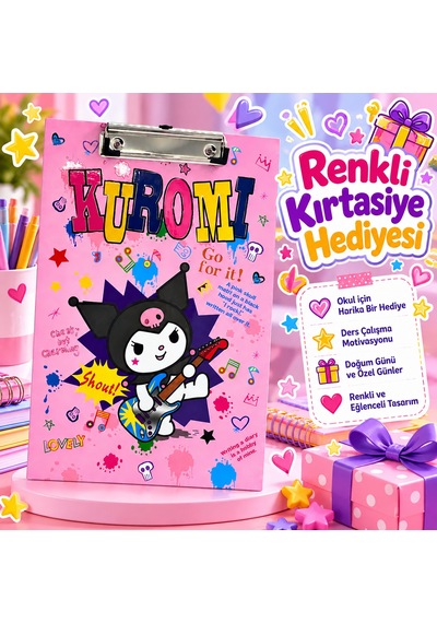 Lisanslı Kuromi Rock Star Gitar Desenli Pembe Sekreterlik 25x30 Cm Metal Mandallı Yazı Altlığı - 9023401619641