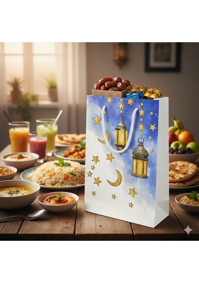 Ramazan Kandil Temalı Hediyelik Karton Çanta 26x40x8 Cm İftar Dağıtım