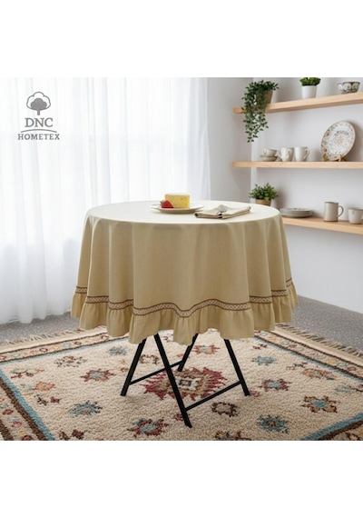 Dnc Home Tekstil Premium Keten Sarı Yuvarlak Fırfırlı Özel Seri Masa Örtüsü Sarı