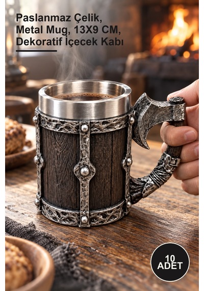 10 Adet Balta Kulplu 3d Kupa Bardak Paslanmaz Çelik, Metal Mug, 13x9 Cm, Dekoratif İçecek Kabı