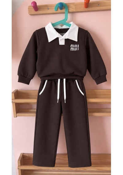Kokoş Bebe Kız Çocuk Yaka Detaylı Eşofman Takım - 6/12 Yaş - 31914 Kahverengi