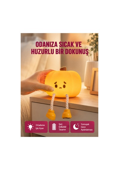Trendlia Dekoratif Pumpkin Gece Lambası Şarjlı Dokunmatik Led Işık Yeni Nesil Çok Renkli