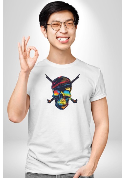 Korsan Kurukafa Unisex Unisex Beyaz Organik Baskılı T-shirt Penye Yüksek Kalite Beyaz