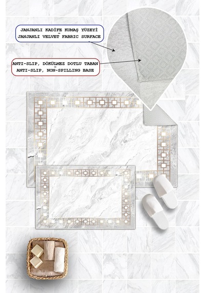 Dijital Baskı Klasik Kaymaz Taban 2li Set Banyo Paspası Klozet Takımı 50x60cm-60x100cm Gri