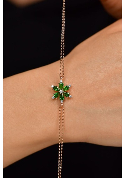 Roza Silver Zümrüt Taşlı Rose Lotus Çiçeği Gümüş Bileklik