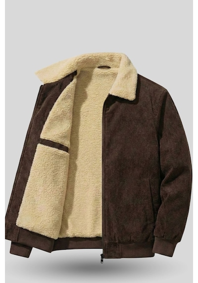 Erkek Kadife Mont Peluş Astarlı Tam Fermuarlı Gömlek Yaka Spor Mont Kahverengi