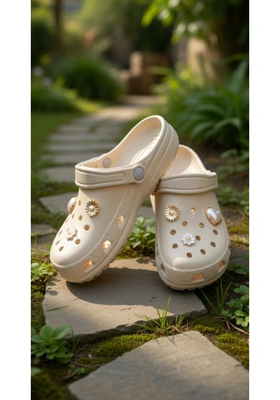 Stil Shoes Kadın Croks Eva Terlik Hafif Rahat Şık Taşlı Yumuşak Terlik Bej