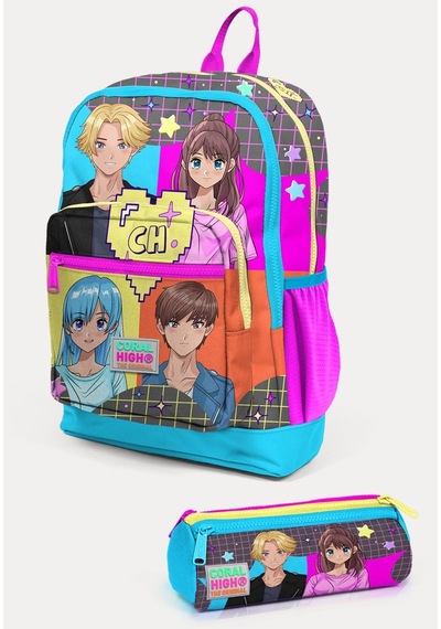 Coral High Kids Gri Mavi Pembe Anime Desenli 2'li Okul Çanta Seti Set0223737
