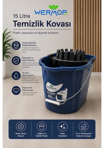 15 Litre Temizlik Kovası Sıkma Aparatlı Mop Kovası