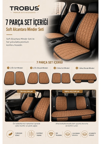 Opel Astra 2000-2004 Üniversal Soft Alkantra Kare Desen 7 Parça Oto Koltuk Minderi Taba