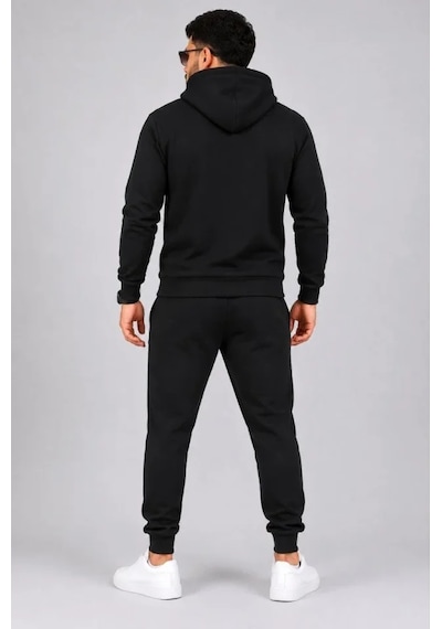 Erkek İki İplik Kapüşonlu Kanguru Cepli Sweatshirt Jogger Pantolon Alt Üst Eşofman Takımı -siyah