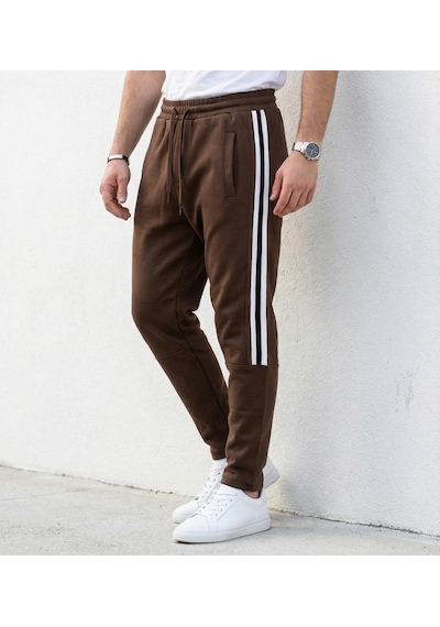 Plus Scorpion Erkek Slim Fit Pamuklu Eşofman Altı Yan Şerit Detaylı Günlük Kahverengi