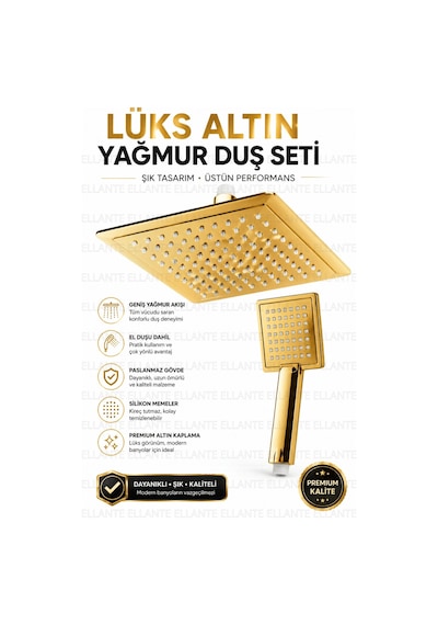 Premium Gold 20x20 Cm Kare Yağmur Duş Başlığı Ve El Duşu Seti Paslanmaz Çelik Yüksek Basınçlı Lü Çok Renkli