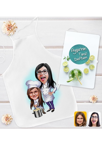 Bk Gift Kişiye Özel Anne Kız Karikatür Tasarımlı Mutfak Önlüğü Ve Yemek Tarif Defteri Hediye Seti-2, Anneye Hediye, Anneler Günü Hediyeleri