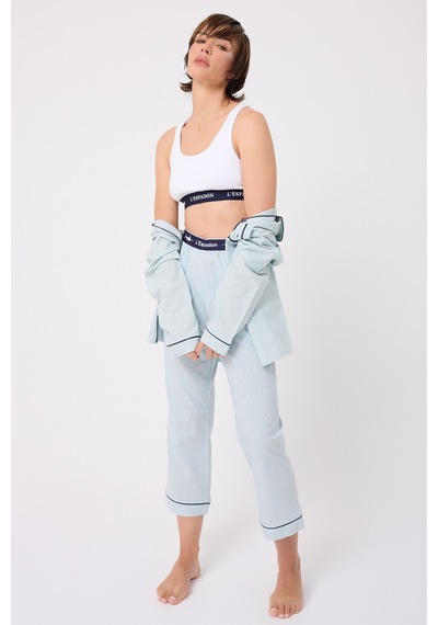 Lespadon Marısılk Seastrıpe Premium Dokuma Uzun Kollu Crop Pantolonlu Kadın Pijama & Lounge Takımı-3190 Yesil