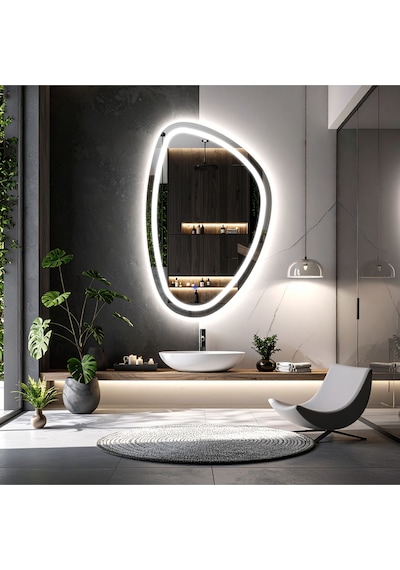 Diagonale Beyaz Led'li Kumlamalı Lavabo & Banyo Aynası Dokunmatik Sensörlü 100 X 65 Cm