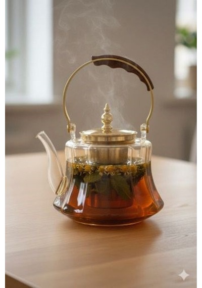 Ahşap Saplı Isıya Dayanıklı Borosilikat Amber Cam Demlik 1200 Ml Süzgeçli Cam Demlik