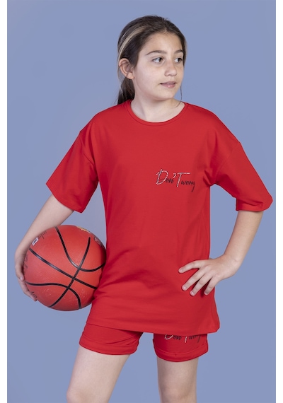 Toontoy Kids Toontoy Kız Çocuk Baskılı Taş İşlemeli Şortlu Takım Kırmızı