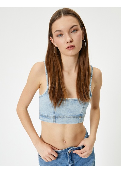 Koton Kot Büstiyer İnce Askılı Slim Fit Kare Yaka Açık İndigo 4sal30005md