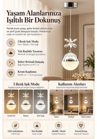 Ey-El Tasarım Şeker Top Modern Sarkıt Led Avize Tekli 3 Renk Krom Kaplamalı
