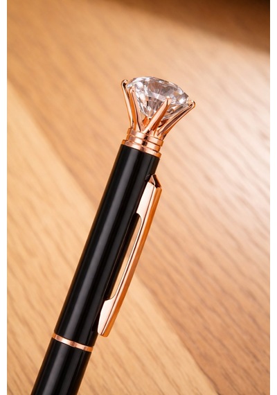 Rose Gold Detaylı Kristal Taşlı Tükenmez Kalem - Siyah Gövde Mavi Mürekkep